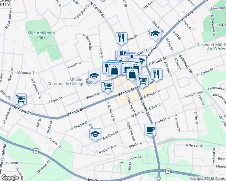 map of restaurants, bars, coffee shops, grocery stores, and more near 221 Walnut Street in Statesville