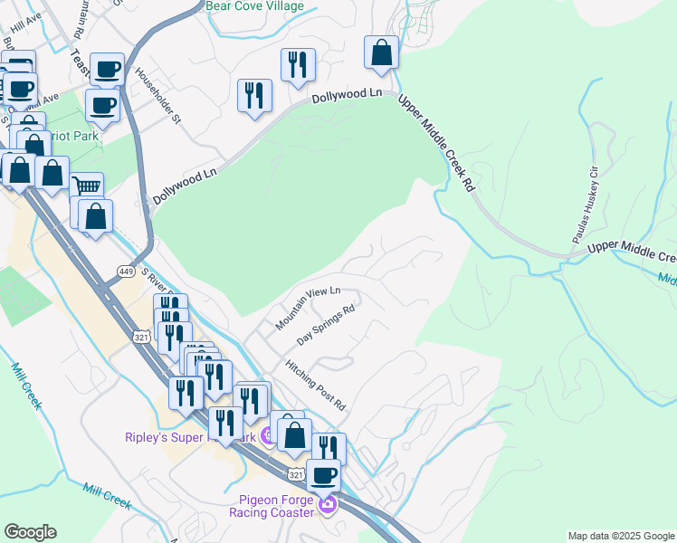 map of restaurants, bars, coffee shops, grocery stores, and more near 512 Golf Road in Pigeon Forge