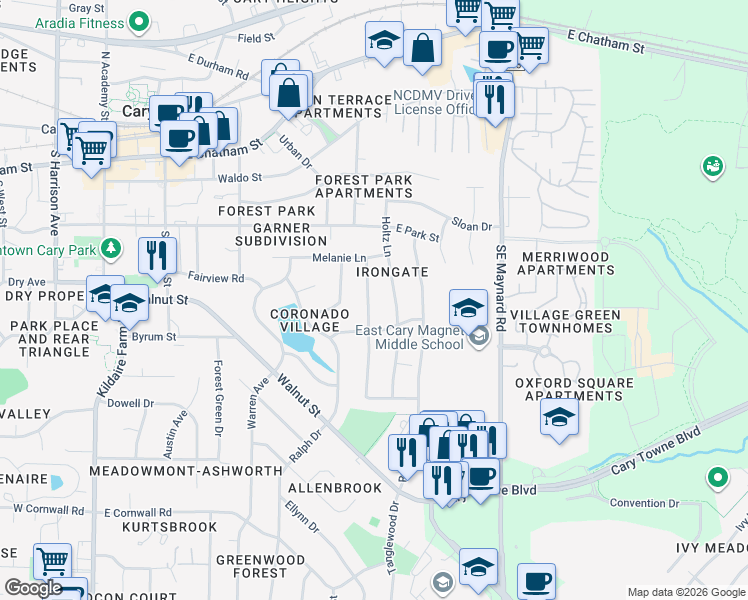 map of restaurants, bars, coffee shops, grocery stores, and more near 111 Mayodan Drive in Cary