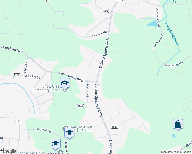 map of restaurants, bars, coffee shops, grocery stores, and more near 3835 Sulphur Springs Road Northeast in Hickory