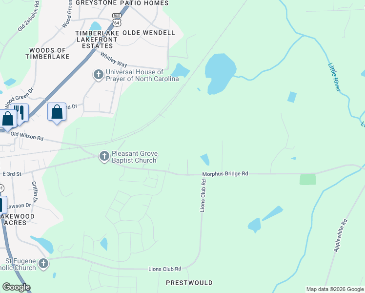 map of restaurants, bars, coffee shops, grocery stores, and more near 1020 Morphus Bridge Road in Wendell
