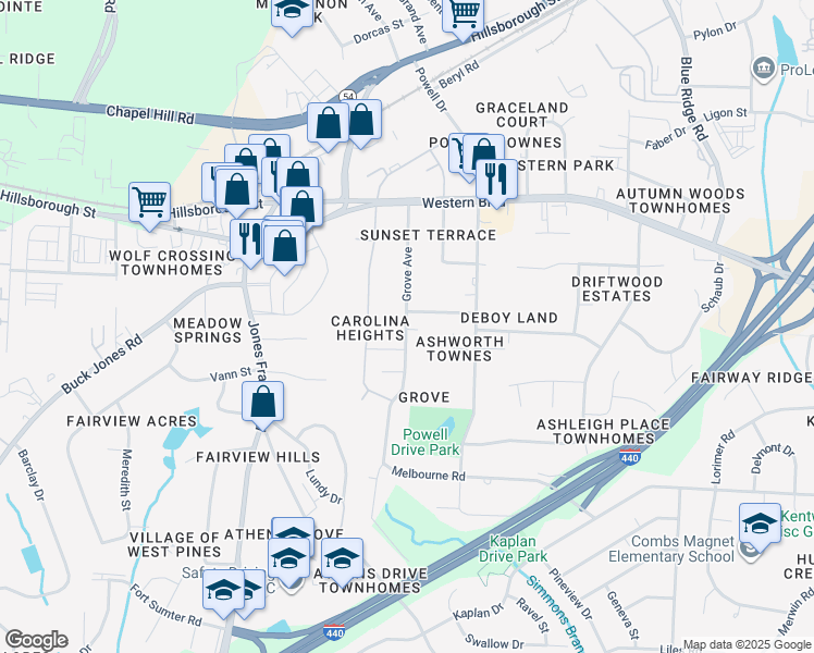 map of restaurants, bars, coffee shops, grocery stores, and more near 6301 Grove Avenue in Raleigh