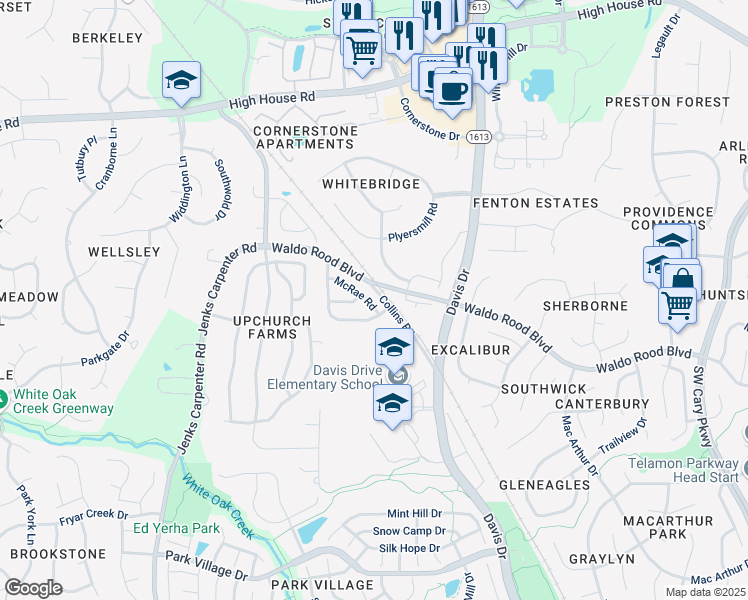 map of restaurants, bars, coffee shops, grocery stores, and more near 751 McRae Road in Cary