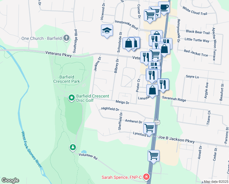 map of restaurants, bars, coffee shops, grocery stores, and more near 3235 Bilbrey Drive in Murfreesboro