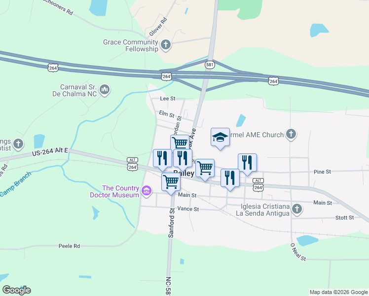 map of restaurants, bars, coffee shops, grocery stores, and more near 12296 Oak Avenue in Bailey