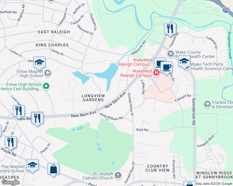 map of restaurants, bars, coffee shops, grocery stores, and more near 2447 New Bern Avenue in Raleigh