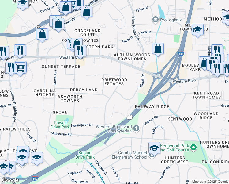map of restaurants, bars, coffee shops, grocery stores, and more near 1299 Schaub Drive in Raleigh