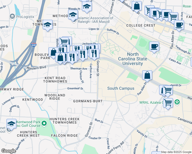 map of restaurants, bars, coffee shops, grocery stores, and more near 1128 Gorman Street in Raleigh