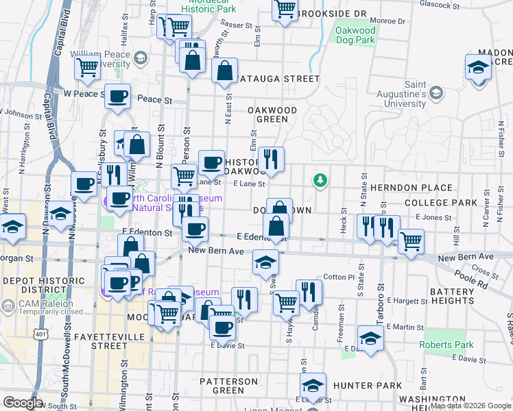 map of restaurants, bars, coffee shops, grocery stores, and more near 543 East Jones Street in Raleigh