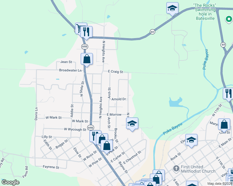 map of restaurants, bars, coffee shops, grocery stores, and more near 1720 Arch Street in Batesville