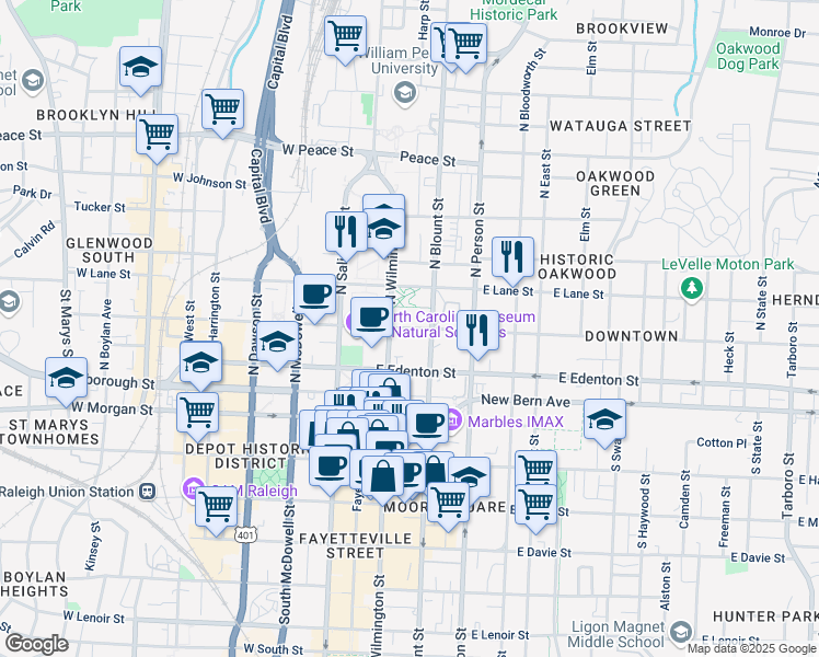 map of restaurants, bars, coffee shops, grocery stores, and more near 102 East Jones Street in Raleigh
