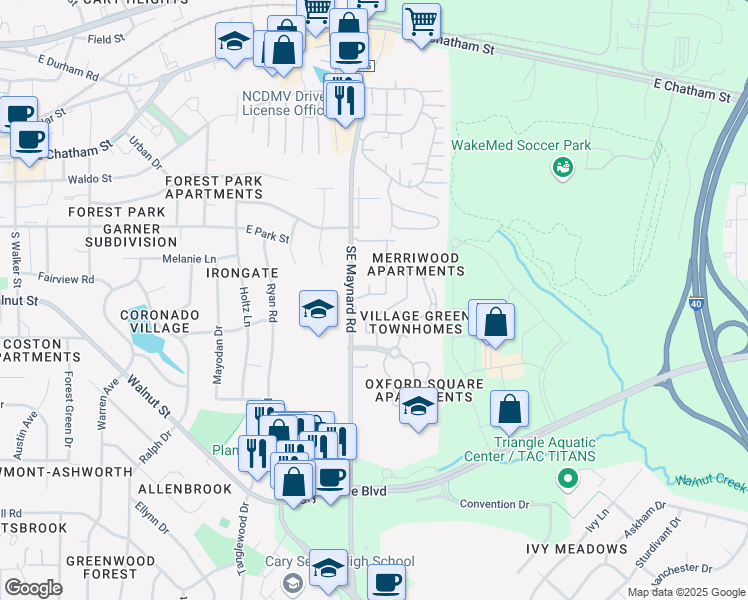 map of restaurants, bars, coffee shops, grocery stores, and more near 120 Maynard Summit Way in Cary