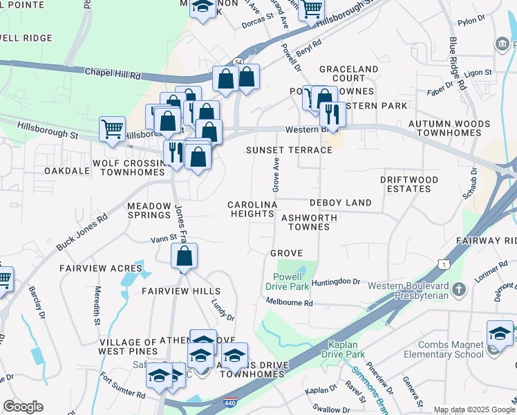 map of restaurants, bars, coffee shops, grocery stores, and more near 719 Carolina Avenue in Raleigh