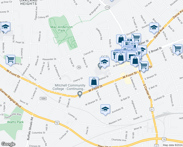 map of restaurants, bars, coffee shops, grocery stores, and more near 102 North Race Street in Statesville