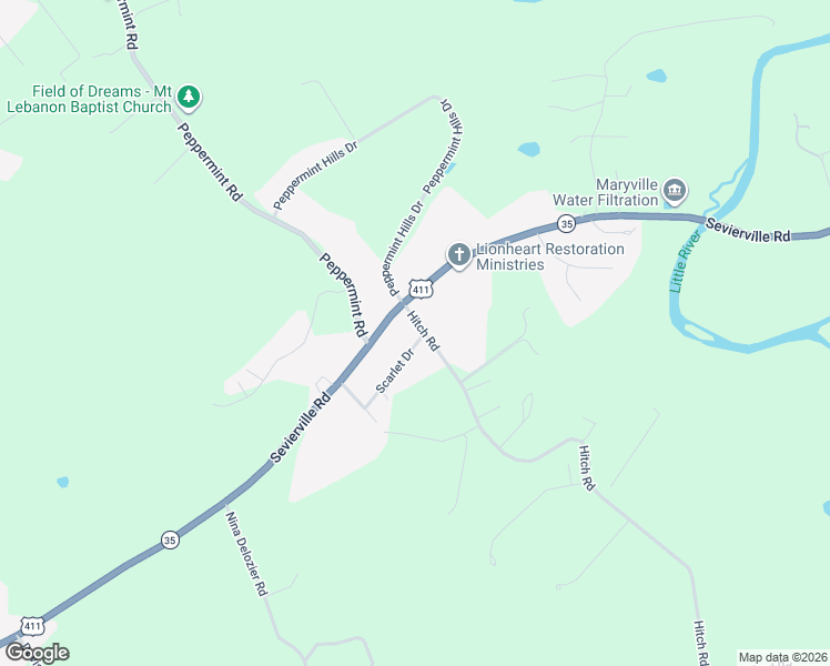 map of restaurants, bars, coffee shops, grocery stores, and more near 3329 Scarlet Drive in Maryville