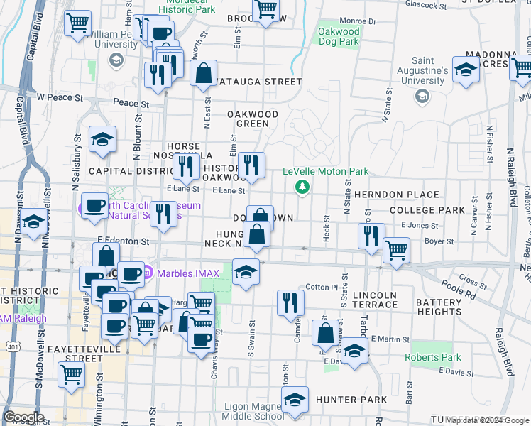 map of restaurants, bars, coffee shops, grocery stores, and more near 205 Cooke Street in Raleigh