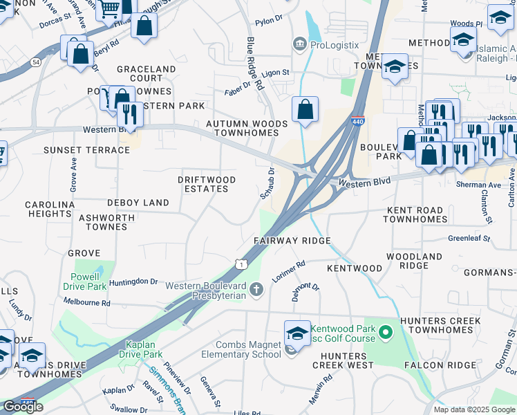 map of restaurants, bars, coffee shops, grocery stores, and more near 1025 Schaub Drive in Raleigh