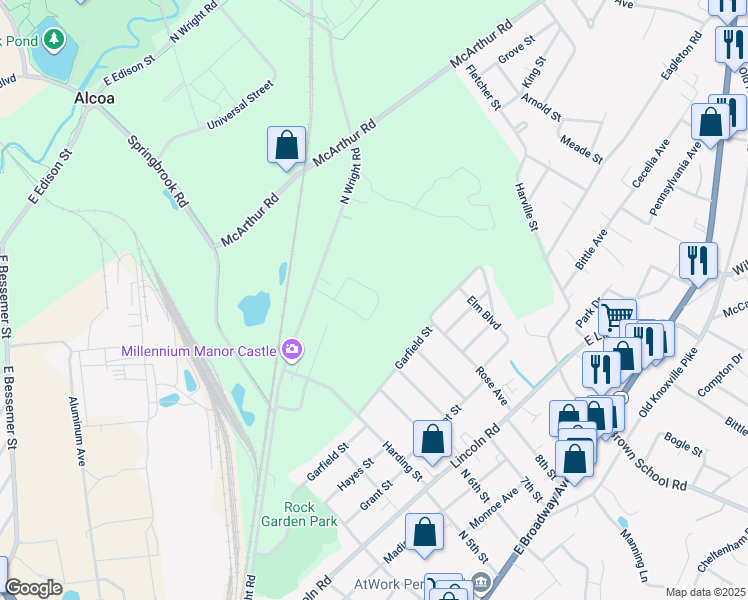 map of restaurants, bars, coffee shops, grocery stores, and more near 417 Grayson Drive in Alcoa