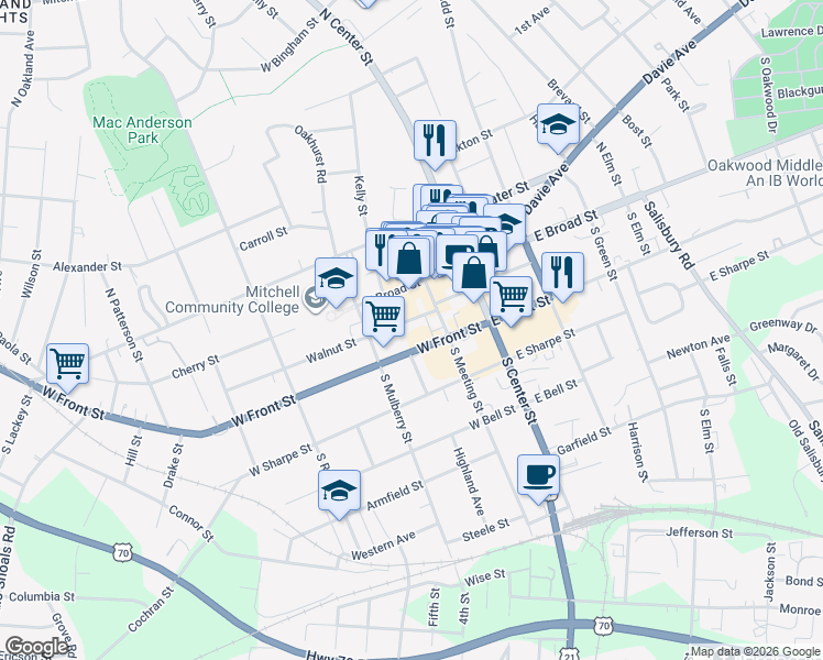 map of restaurants, bars, coffee shops, grocery stores, and more near 221 Walnut Street in Statesville