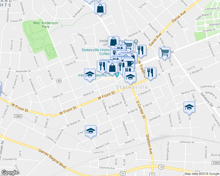 map of restaurants, bars, coffee shops, grocery stores, and more near 221 Walnut Street in Statesville