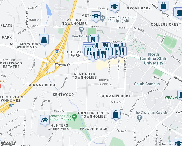 map of restaurants, bars, coffee shops, grocery stores, and more near 1201 Kent Road in Raleigh