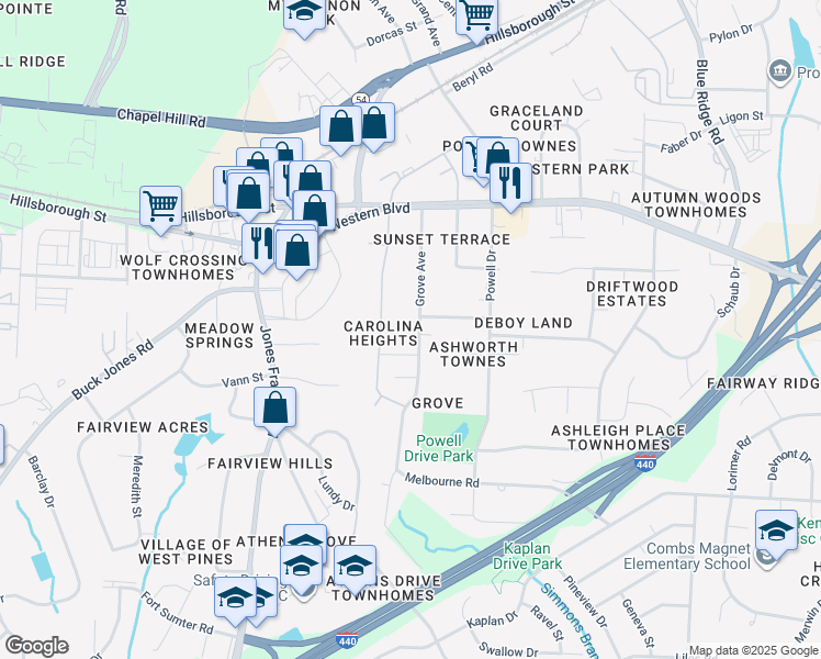 map of restaurants, bars, coffee shops, grocery stores, and more near 6301 Grove Avenue in Raleigh