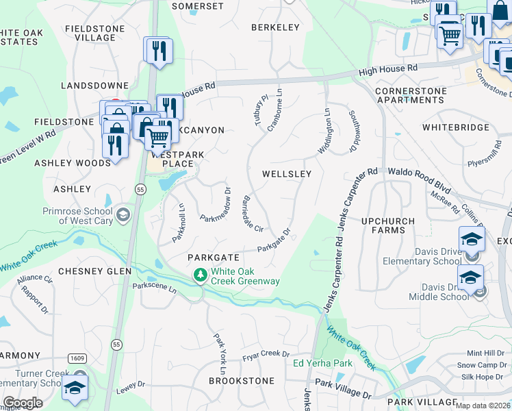 map of restaurants, bars, coffee shops, grocery stores, and more near 504 Cranborne Lane in Cary