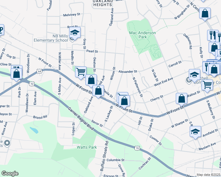 map of restaurants, bars, coffee shops, grocery stores, and more near 208 Wilson Street in Statesville