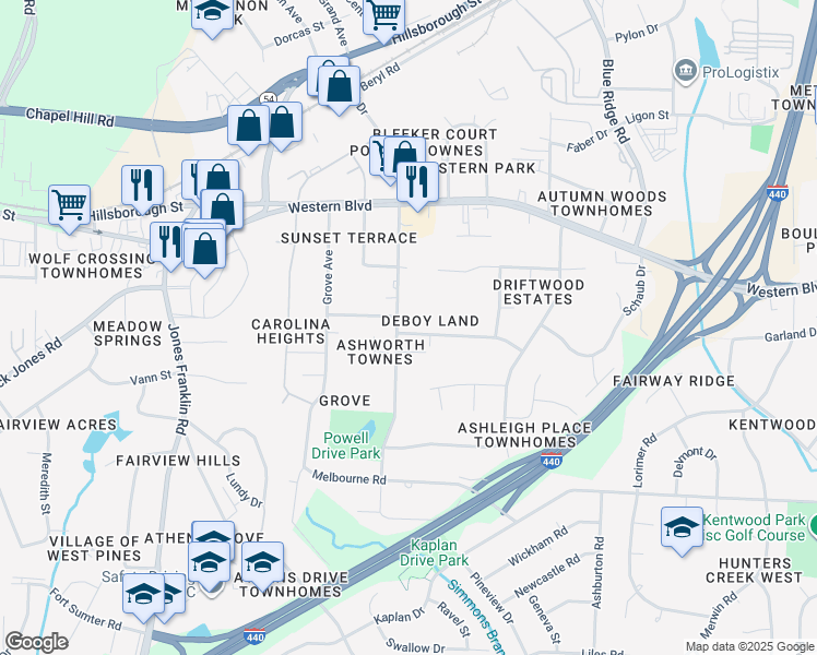map of restaurants, bars, coffee shops, grocery stores, and more near 703 Powell Drive in Raleigh