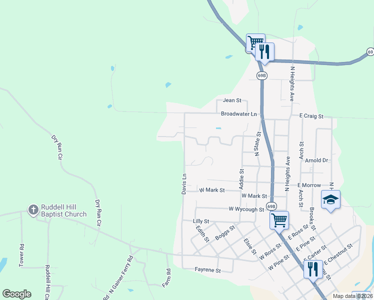 map of restaurants, bars, coffee shops, grocery stores, and more near 1620 Davis Lane in Batesville