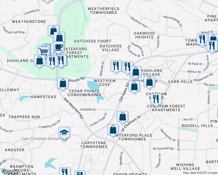 map of restaurants, bars, coffee shops, grocery stores, and more near 111 Gold Meadow Drive in Cary