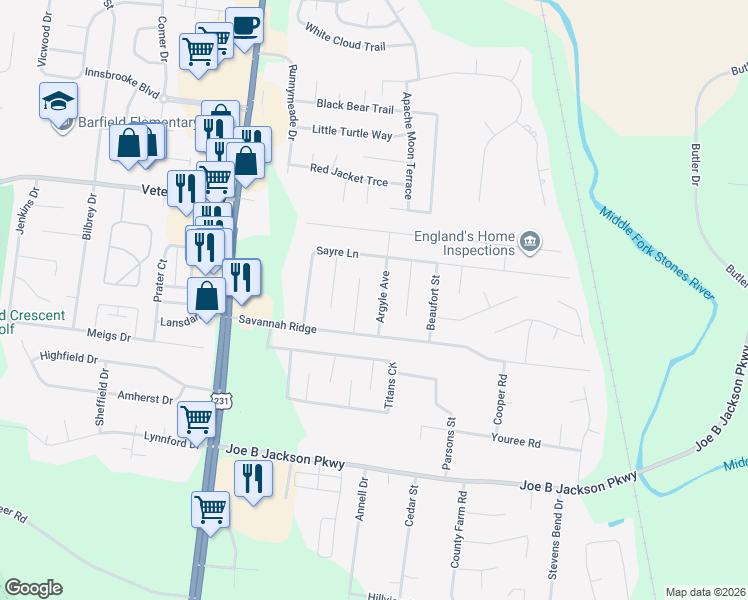 map of restaurants, bars, coffee shops, grocery stores, and more near 3030 Argyle Avenue in Murfreesboro