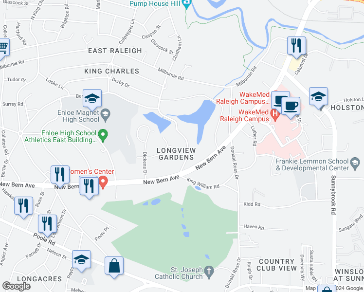 map of restaurants, bars, coffee shops, grocery stores, and more near 115 Longview Lake Drive in Raleigh