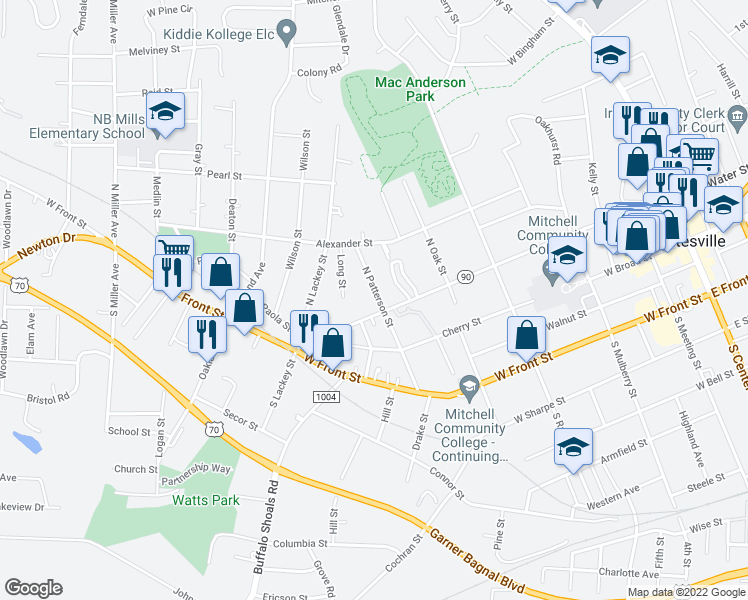 map of restaurants, bars, coffee shops, grocery stores, and more near 205 North Patterson Street in Statesville
