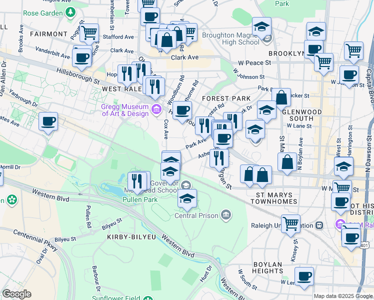 map of restaurants, bars, coffee shops, grocery stores, and more near 201 Park Avenue in Raleigh