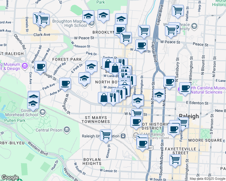 map of restaurants, bars, coffee shops, grocery stores, and more near 115 North Boylan Avenue in Raleigh