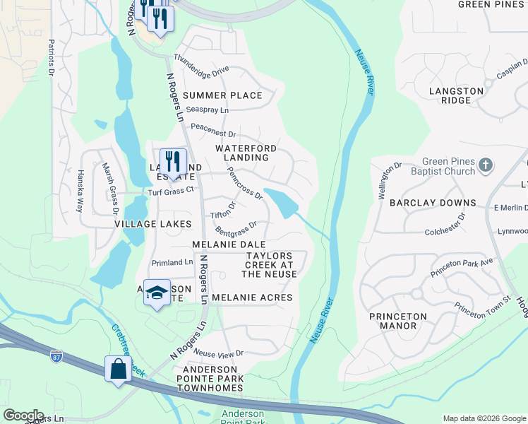 map of restaurants, bars, coffee shops, grocery stores, and more near 609 Penncross Drive in Raleigh