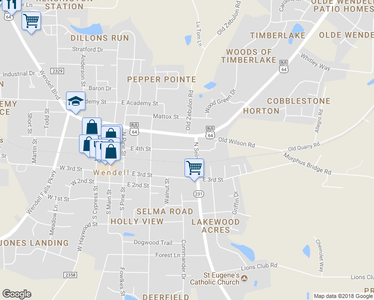 map of restaurants, bars, coffee shops, grocery stores, and more near 301 4th Street in Wendell