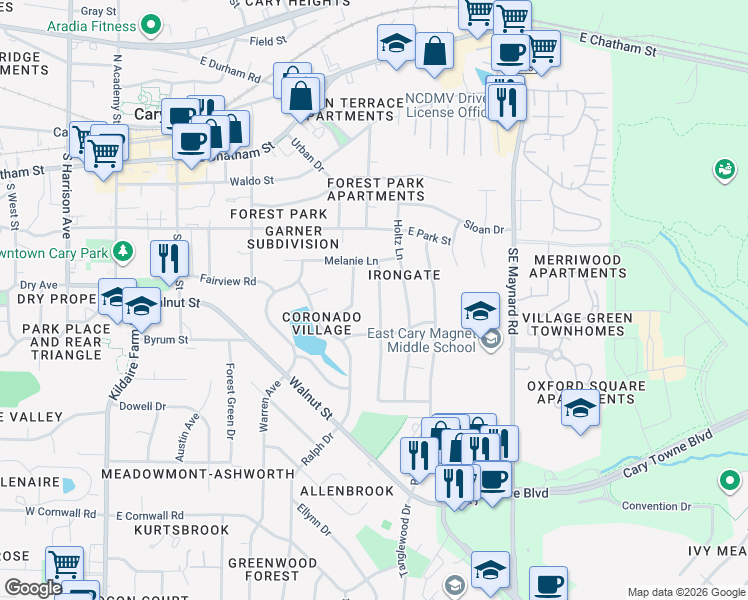map of restaurants, bars, coffee shops, grocery stores, and more near 111 Mayodan Drive in Cary