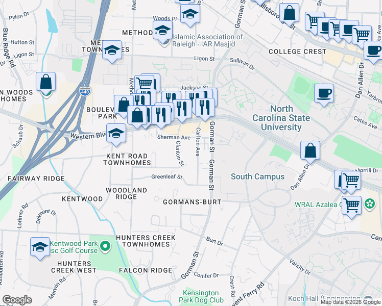 map of restaurants, bars, coffee shops, grocery stores, and more near 1123 Carlton Avenue in Raleigh