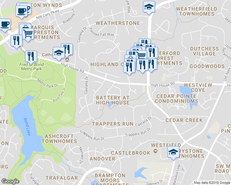 map of restaurants, bars, coffee shops, grocery stores, and more near 413 Byrams Ford Drive in Cary