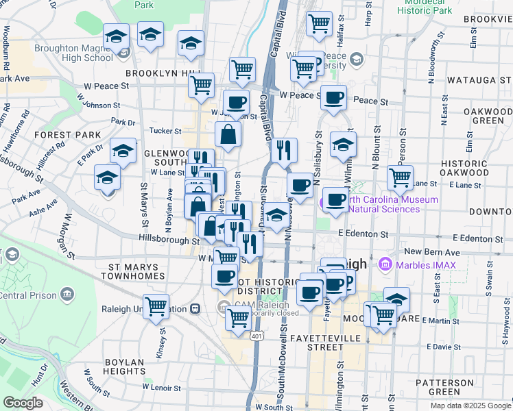 map of restaurants, bars, coffee shops, grocery stores, and more near 325 West Jones Street in Raleigh