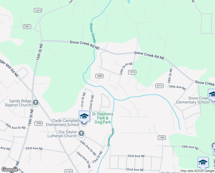 map of restaurants, bars, coffee shops, grocery stores, and more near 2310 39th Avenue Court Northeast in Hickory
