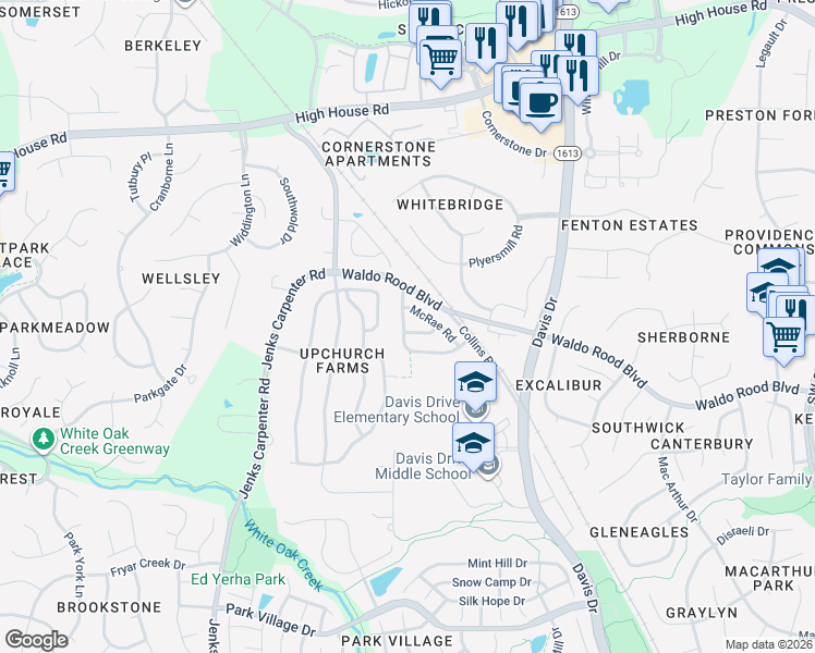 map of restaurants, bars, coffee shops, grocery stores, and more near 203 Firth Glen Drive in Cary