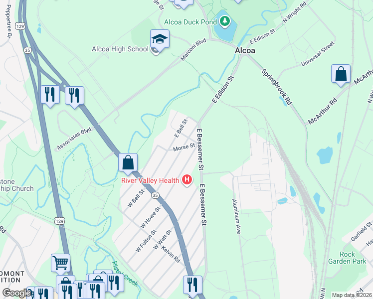 map of restaurants, bars, coffee shops, grocery stores, and more near 248 East Edison Street in Alcoa