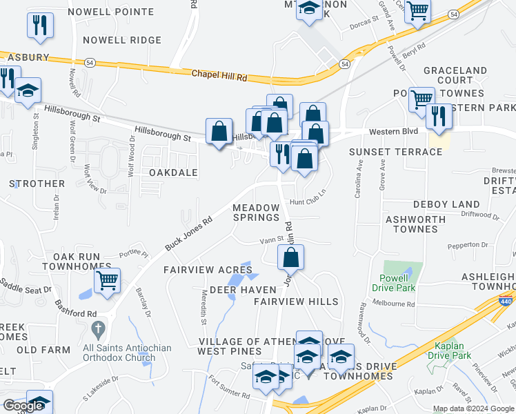map of restaurants, bars, coffee shops, grocery stores, and more near 117 Fieldspring Lane in Raleigh
