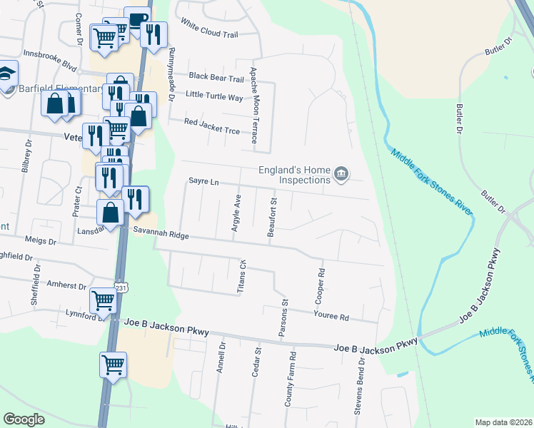 map of restaurants, bars, coffee shops, grocery stores, and more near 3020 Beaufort Street in Murfreesboro