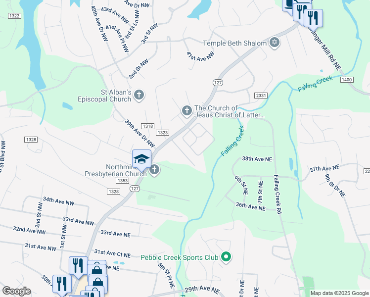 map of restaurants, bars, coffee shops, grocery stores, and more near 75 40th Avenue Drive Northeast in Hickory