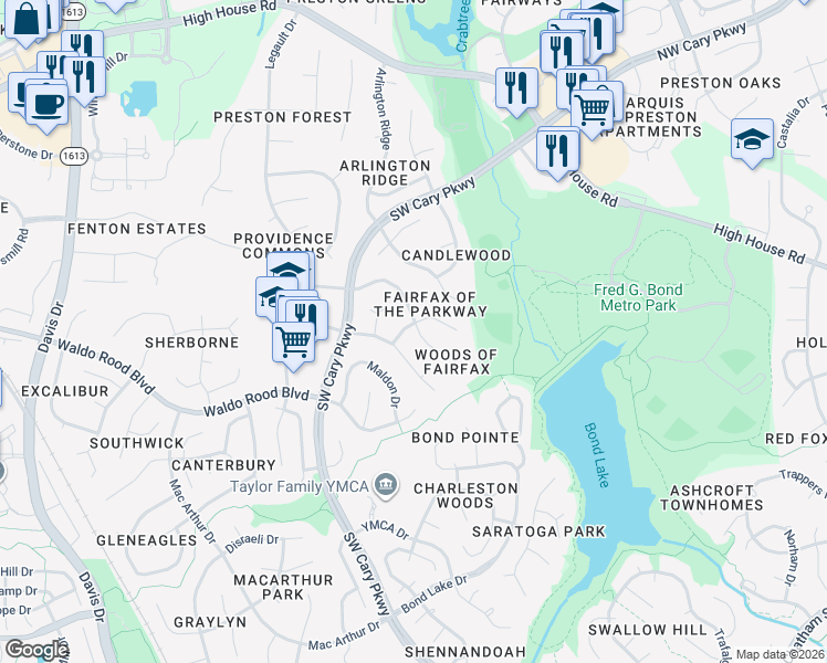 map of restaurants, bars, coffee shops, grocery stores, and more near 300 Fairfax Lane in Cary