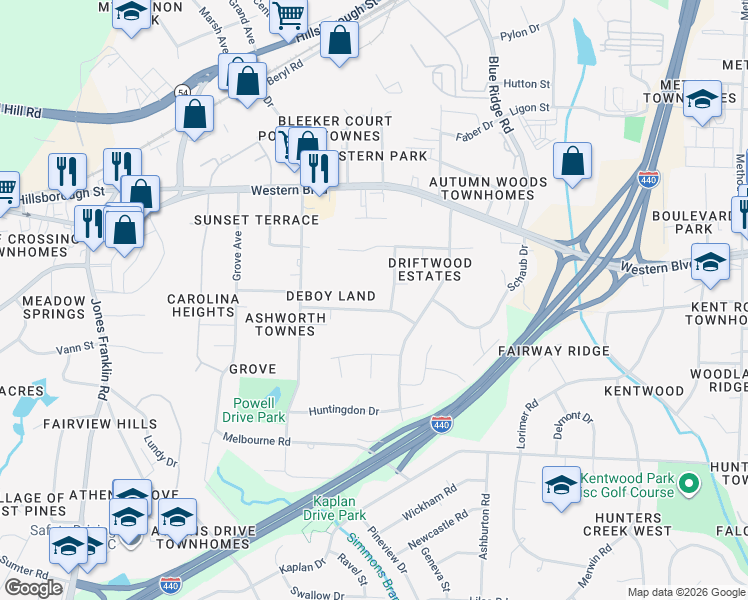 map of restaurants, bars, coffee shops, grocery stores, and more near 4308 Driftwood Drive in Raleigh